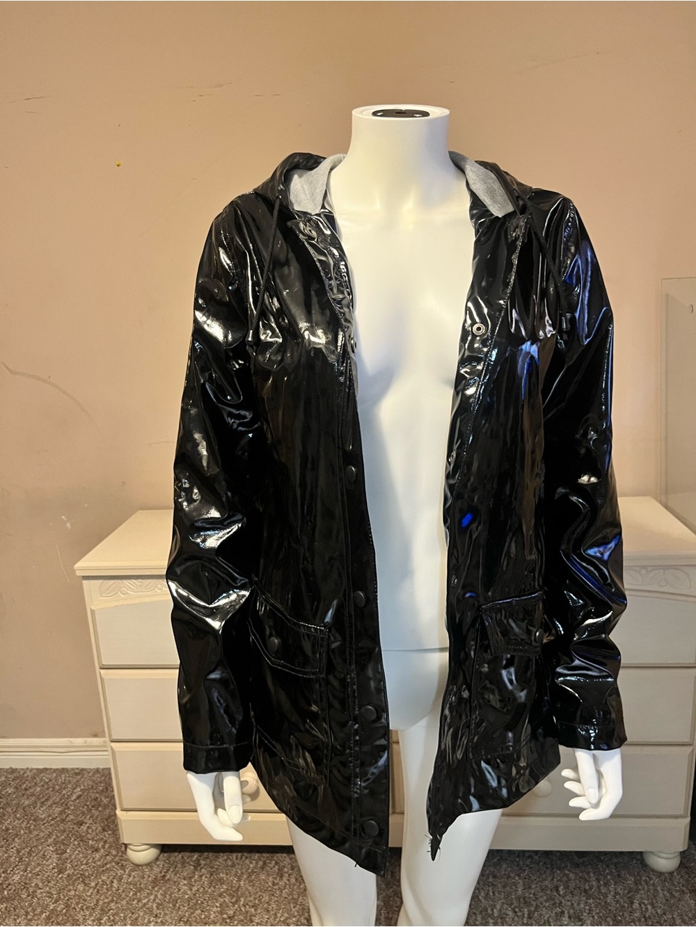 George Black Patent Hooded Trench Coat